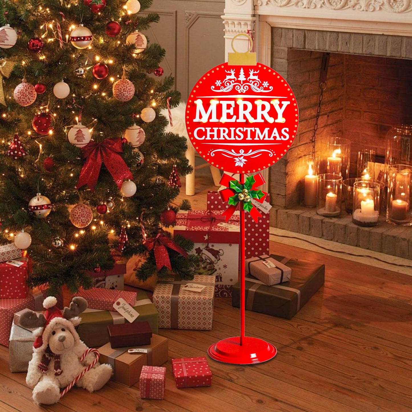 Vigdur Merry Christmas Sign - 34" Lighted Metal Holiday Ball Decoration Battery Operated with Timer, Christmas Yard Decorations for Indoor Outdoor Yard Lawn Party Holiday Décor