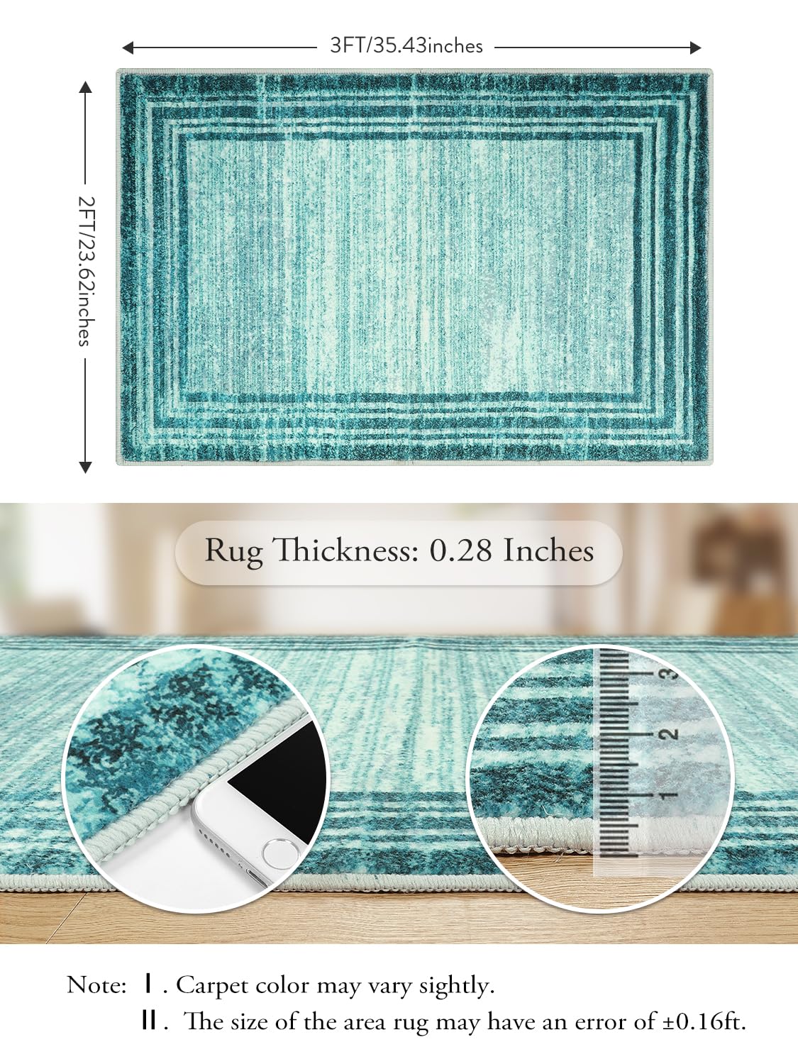 Lahome Amabel Modern Abstract Area Rug, Washable Teal 2x3 Entryway Rugs Non Slip Kitchen Carpet Indoor Front Door Throw Rugs, Minimalist Bordered Bathroom Rug Low-Pile Entry Mats for Bedroom