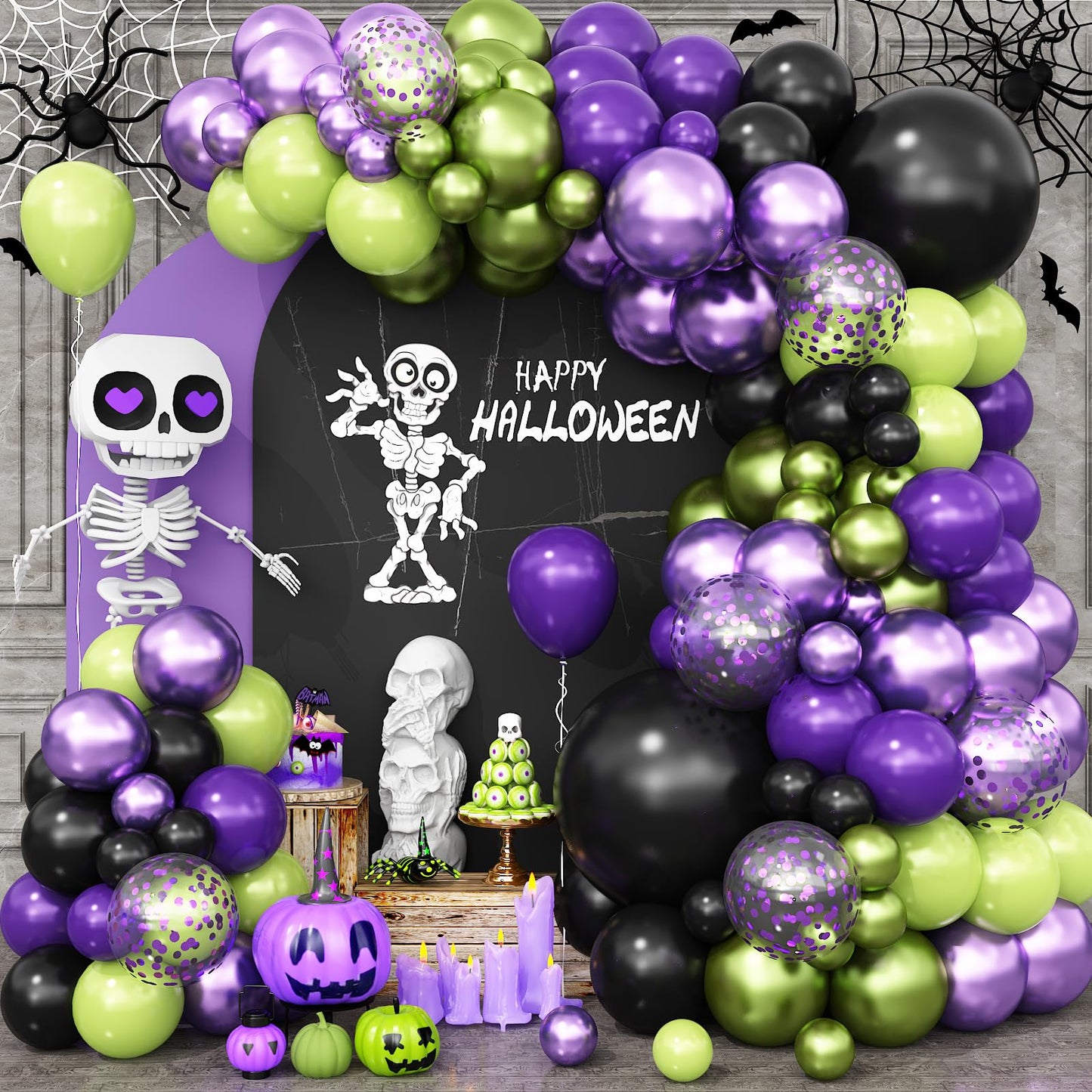 Halloween Balloon Arch Garland Kit, Purple Green Balloon Arch with Purple Confetti Balloons, Black Green Metallic Latex Balloons Set for Halloween Party Decorations