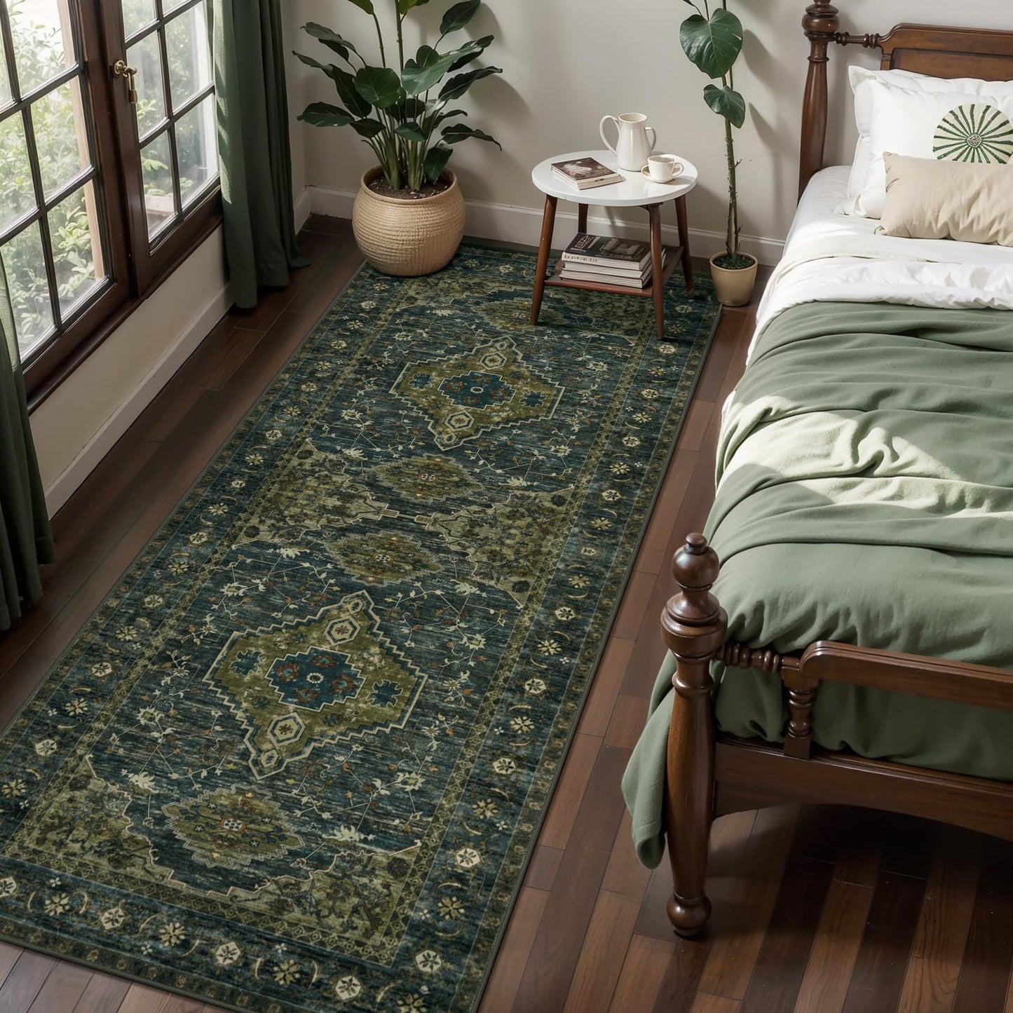 Tangsoo 2x6 Green Washable Runner Rug for Hallways, Non Slip Vintage Runner Rug, Soft Low Pile Long Rug Runner, Print Carpet Runners for Kitchen Bedroom Entryway Bathroom Living Room Olive Green
