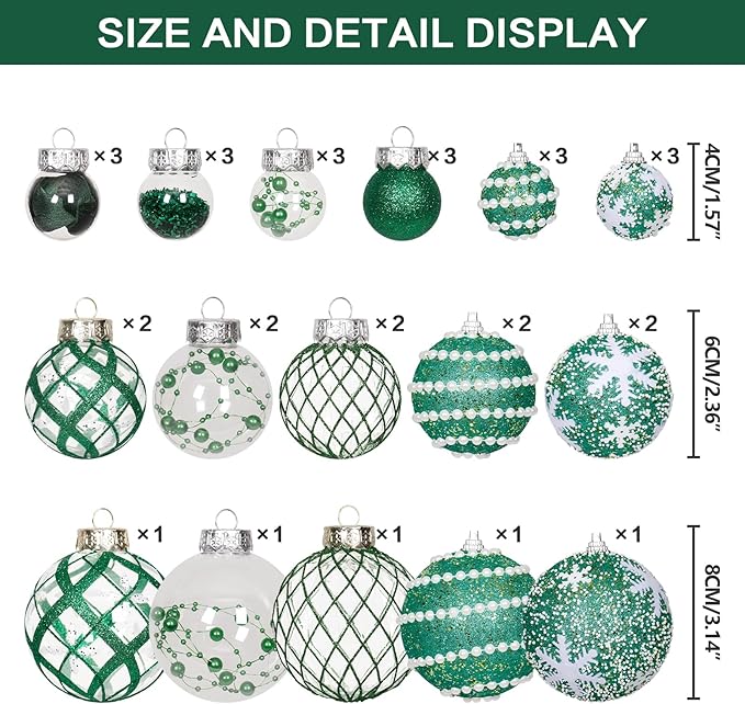 Super Holiday Christmas Ball Ornaments, 33PCS Green Clear Shatterproof Plastic Foam Ornaments Set for Hanging Xmas Tree Holiday Thanksgiving Party Decor.