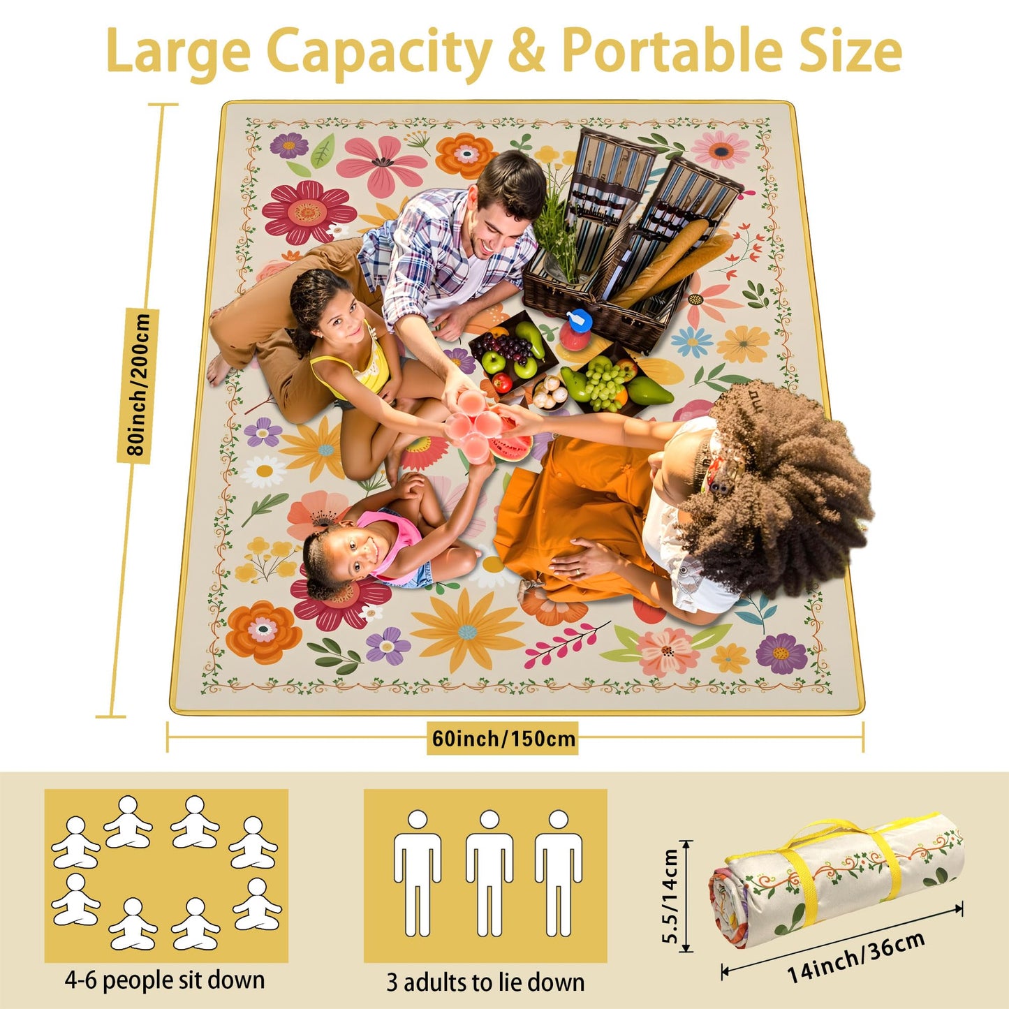Supfitness Extra Large Picnic Blankets Waterproof Foldable (60 "x 80") Beach Blanket Waterproof Sandproof,3-Layer Thicking Mat Outdoor Packable Camping Blanket