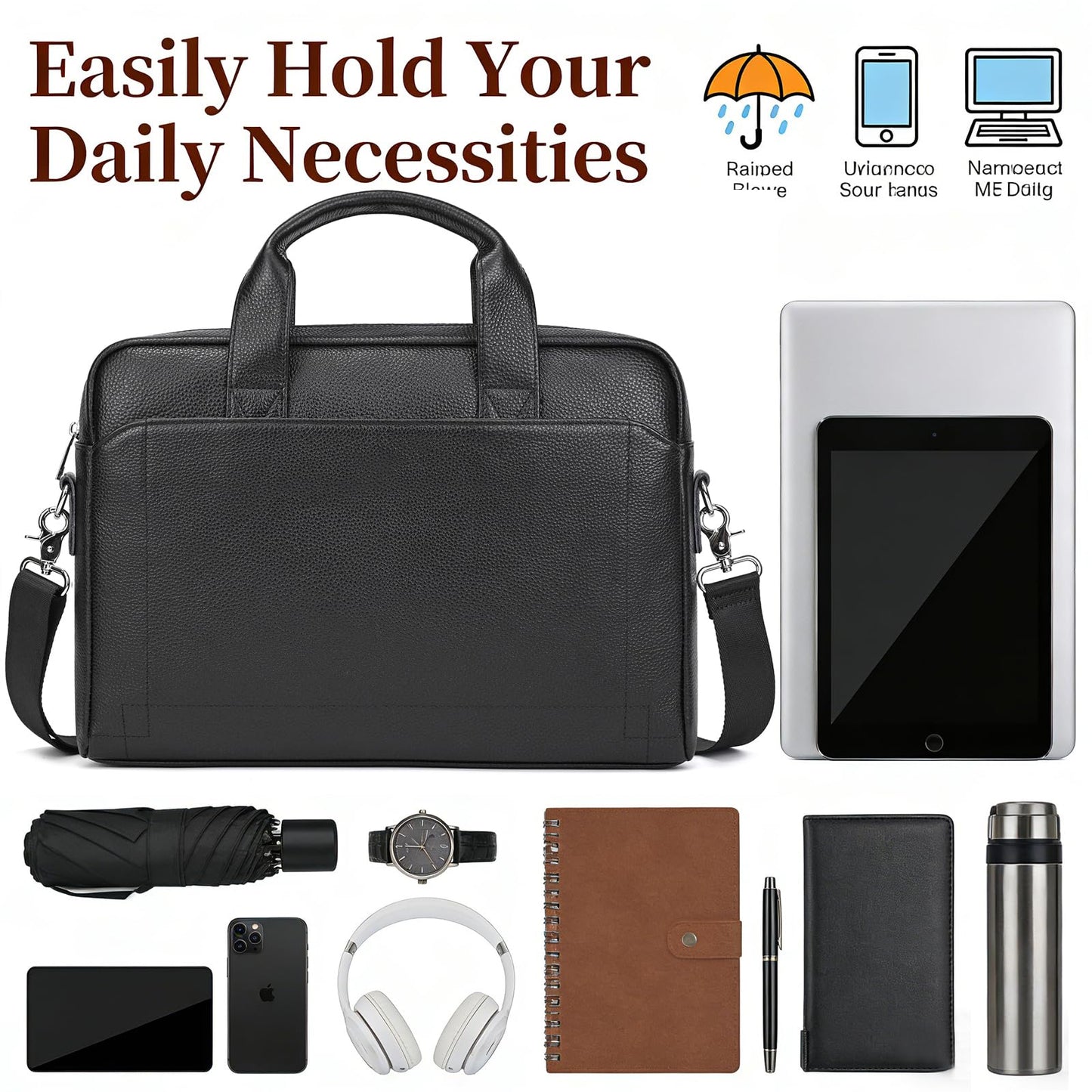 Leather Laptop Bag for Men, Laptop Briefcase Fits Up to 15.6 Inch Notebook, Portable Shoulder Messenger Crossbody Bag for Travel Business Office