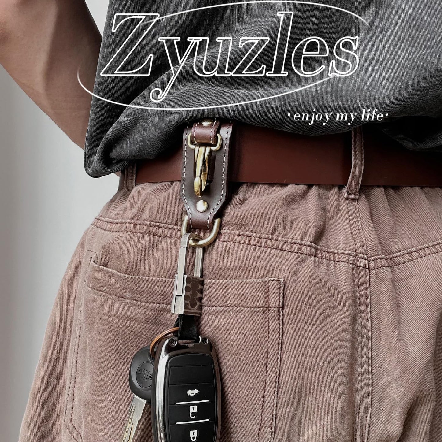 Zyuzles Leather Keychain for Men Leather Belt Key Holder Accessories Handmade Brown leather key holder