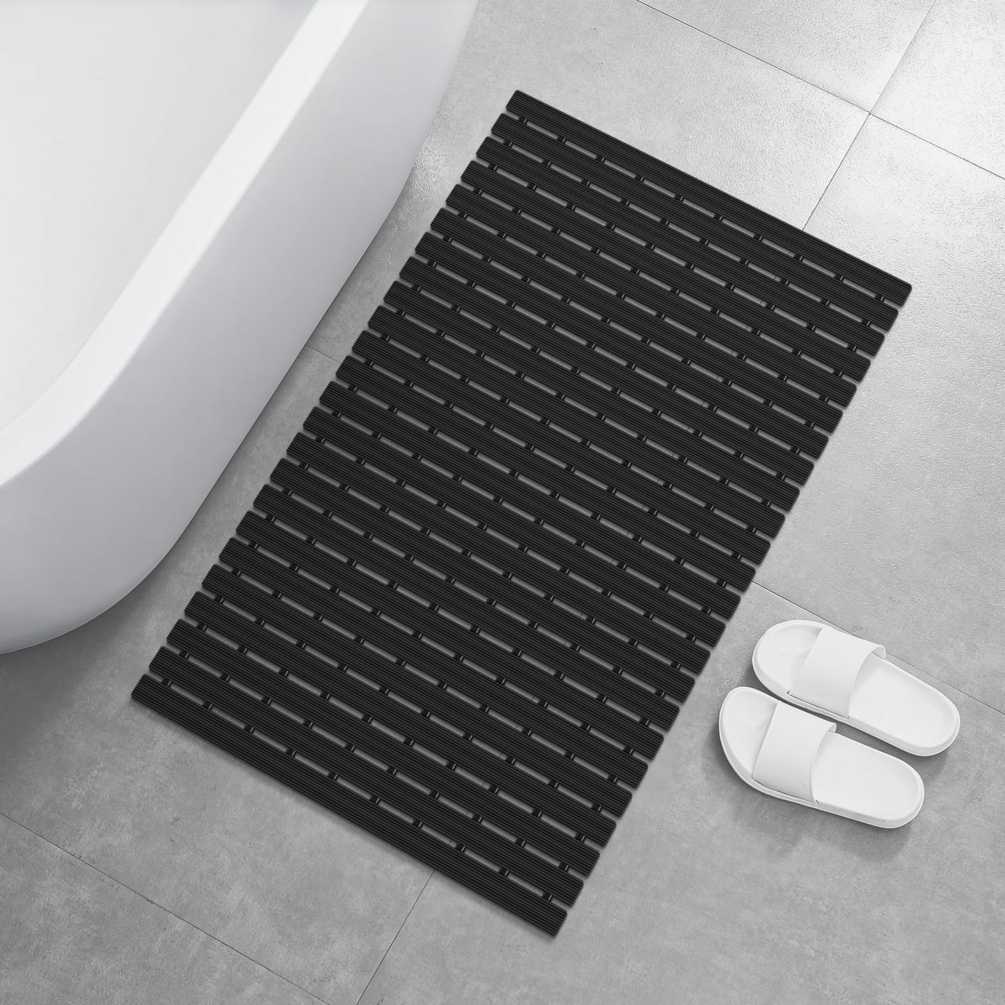 OTHWAY Large Shower Mat, 35.4 x 24 Inch No Suction Cup Shower Mat Non Slip, Quick Drain Non Slip Shower Mats for Inside Shower, Heavy Duty Curlable PVC Stand up Shower Floor Mat, Black