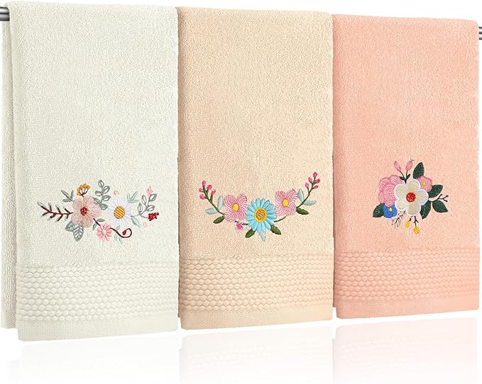 3 Pcs Boho Flowers Hand Towels Embroidered Modern Flowers Bathroom Decor 14x29