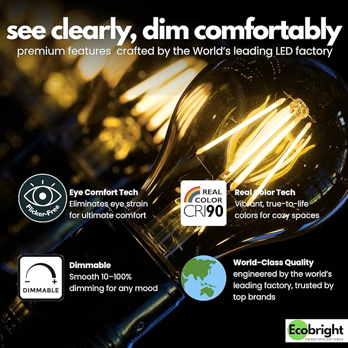EcoBright 4PK Dimmable A19 LED Filament Bulb, 10W (100W Equivalent), E26 Base, 1100 Lumens, CRI90+, Flicker-Free Clear Glass, Energy Star Title 20, Warm White 2700K