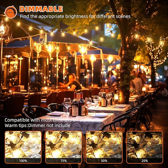 Kawaya Outdoor String Lights 100 FT LED Patio Light with 50+2 Shatterproof Edison Globe Bulbs - IP65 Waterproof Dimmable Hanging Lights - 2700K Warm White Lighting for Outside Porch Deck Bistro Cafe