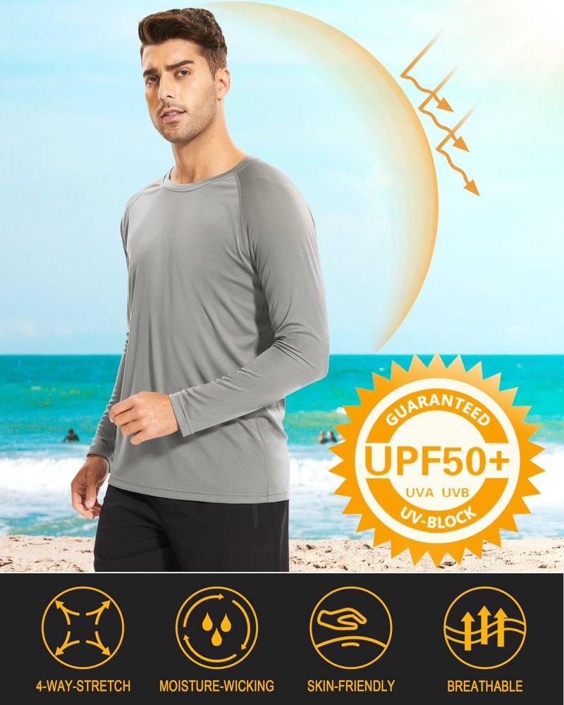 MAGCOMSEN Long Sleeve Shirts for Men Rash Guard Swim UV Sun Running Workout Rashguard Fishing Hiking UPF 50 Shirts Grey