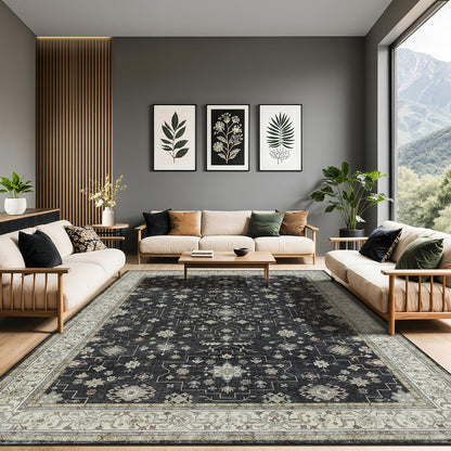 LBRO2M Black Washable Rugs 8X10 for Living Room Bedroom Office Farmhouse Non Slip Vintage Area Rugs Easy Clean, Stain Resistant Carpet Low Piles Great for Pets and Family (8'X10' Charcoal Black)
