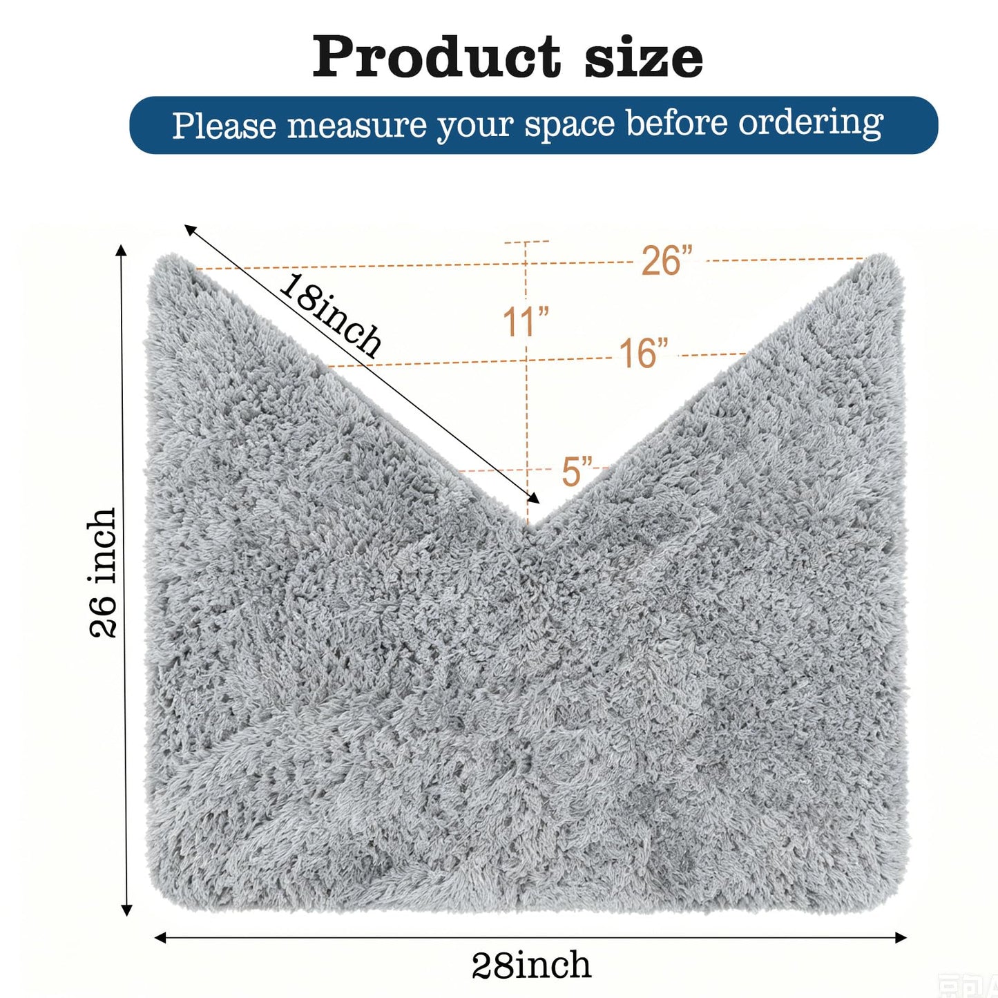 V Shaped Corner Bathroom Rug & Bath Mat - Non-Slip Absorbent Mat for Corner Showers & Tubs, Machine Washable Carpet for Home Spa Bathroom, Grey 28"x26"x18"
