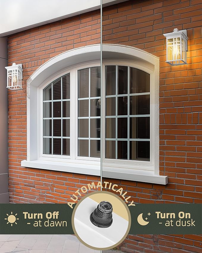Dusk to Dawn Outdoor Wall Light 2 Pack - HWH Exterior Wall Sconce Light Fixture, Outdoor Porch Light Wall Lamp for Garage, Doorway, Balcony, Garden, Glossy White Finish, 5HD27B-PC-2PK WH