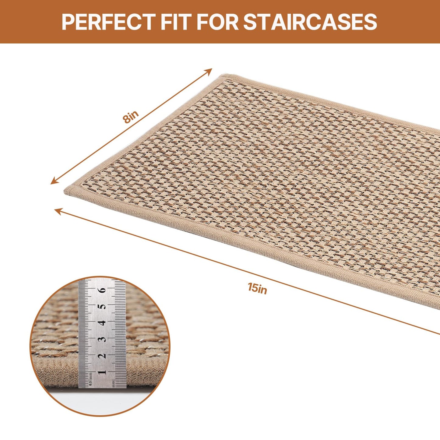 Stair Treads for Wooden Steps, 8" x 30" Linen Non Slip Stair Runner, Peel and Stick Carpet Stair Treads with Reusable Adhesive, Indoor Stair Rugs Covers Mats Pads for Kids Elders Dogs, Beige 15Pcs