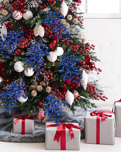 DILATATA 6Pcs Christmas Glitter Leaves Holly Leaves 23" Artificial Royal Blue Holly Leaf Picks Sprays Giltter Stems for Christmas Tree DIY Xmas Wreath Garland Home Decor - Royal Blue