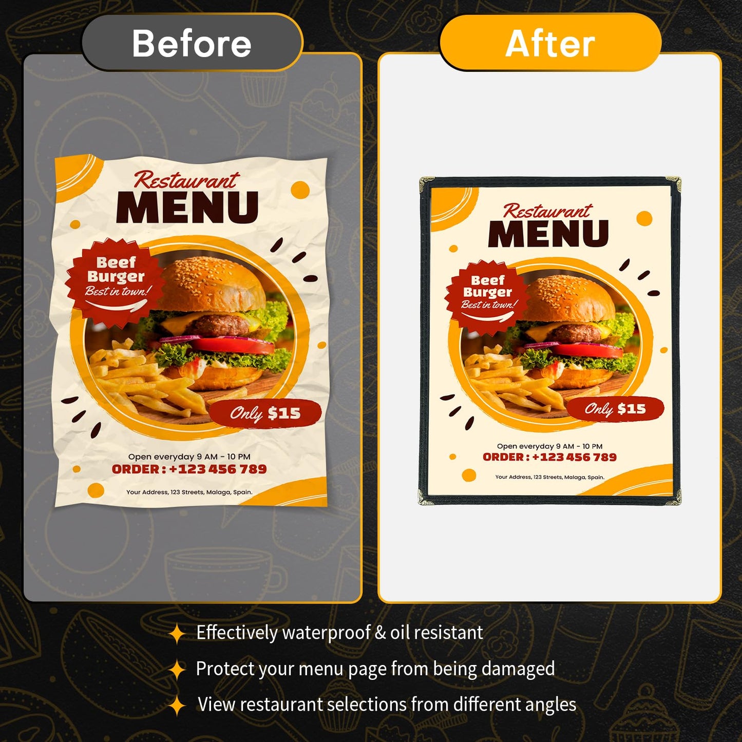 FLKQC Menu Covers 8.5 x 11 | Pack of 30 Restaurant Recipe Menu Covers Transparent Restaurant Menu Covers for Kitchen, Drink, Wine Menu Covers Black (8.5"x 11" (1 Page, 2 View))