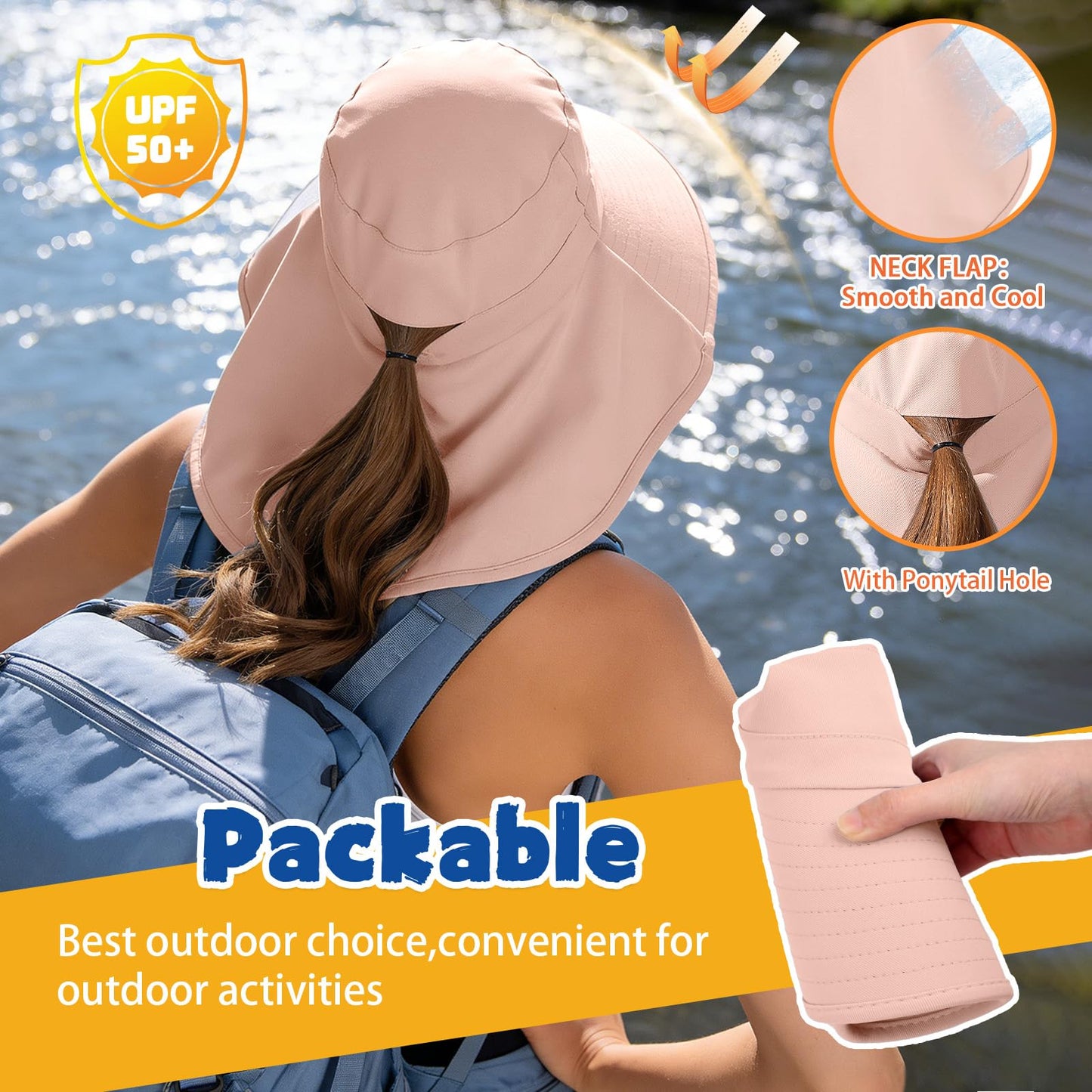 Sun Hat for Women with Neck Flap Ponytail Hole Women Sun Hat Rollable UV Protection Fishing Hat Wide Brim UPF 50+(Pink)