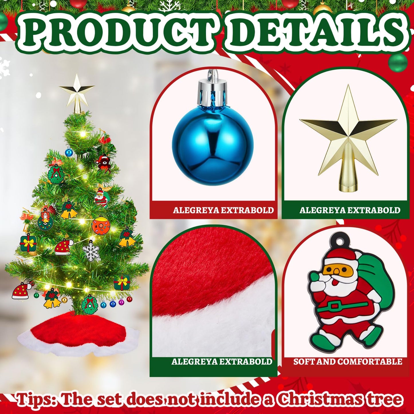 Syhood 63 Pcs Mini Christmas Tree Ornaments Set Decoration Gadget Small Skirt Star Topper Miniature Hanging Ornament with Light for Holiday Xmas