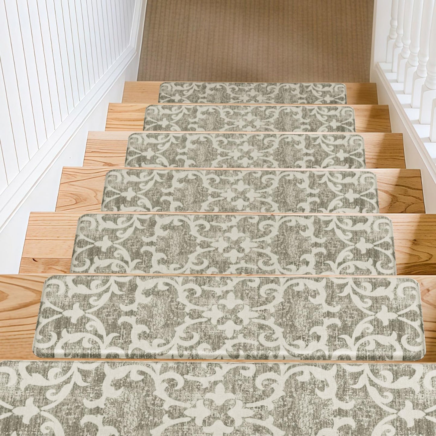 PURE ERA Cushioned Stair Mat, 8 x 30 Inch Non-Slip Stair Treads, Staircase Step Treads Foam Stair Pads, Tape Free Durable Stair Treads for Wooden Steps Washable, Easy to Clean (12 Pieces)