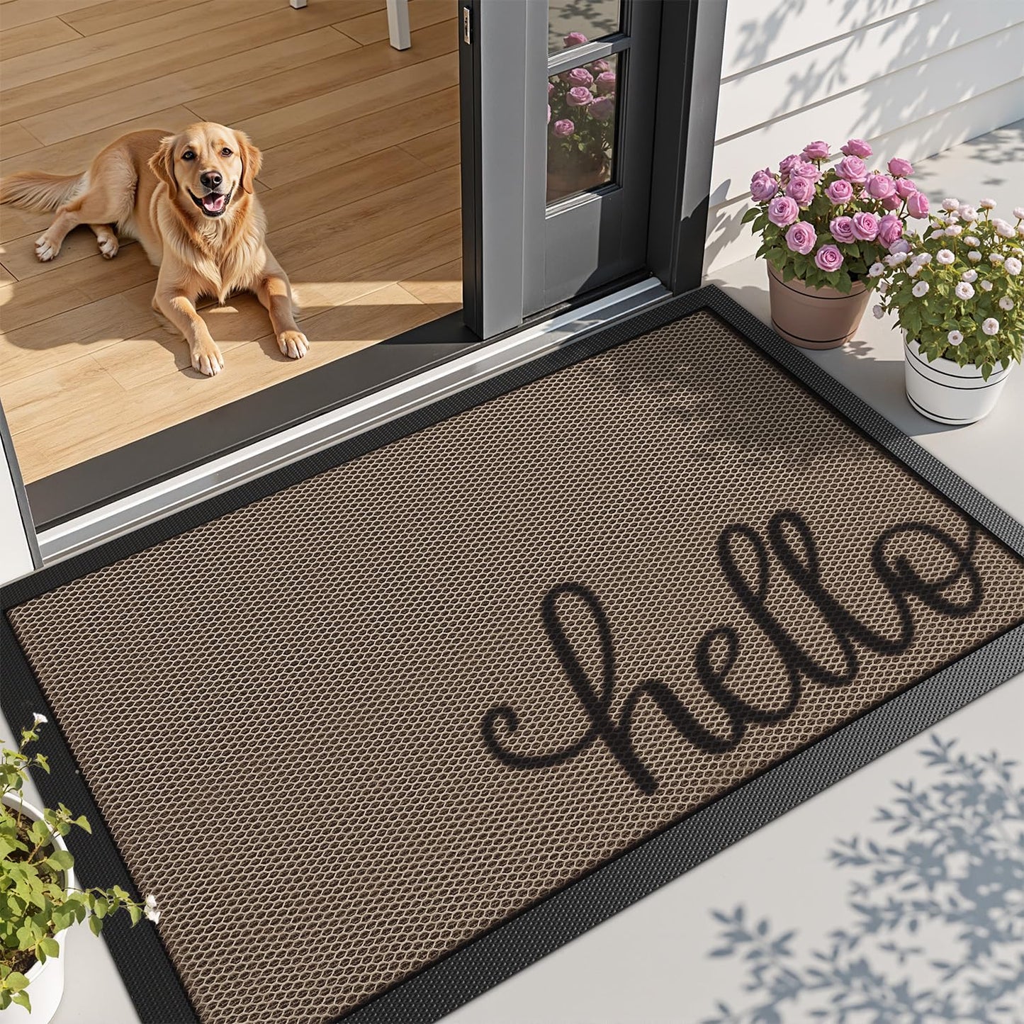 LUMI Outside Welcome Door Mat 32x47, Non Slip Durable Rubber Entrance Doormat, Low Profile Easy Clean Mats for Front Back Door Entryway Porch Garage, Hello
