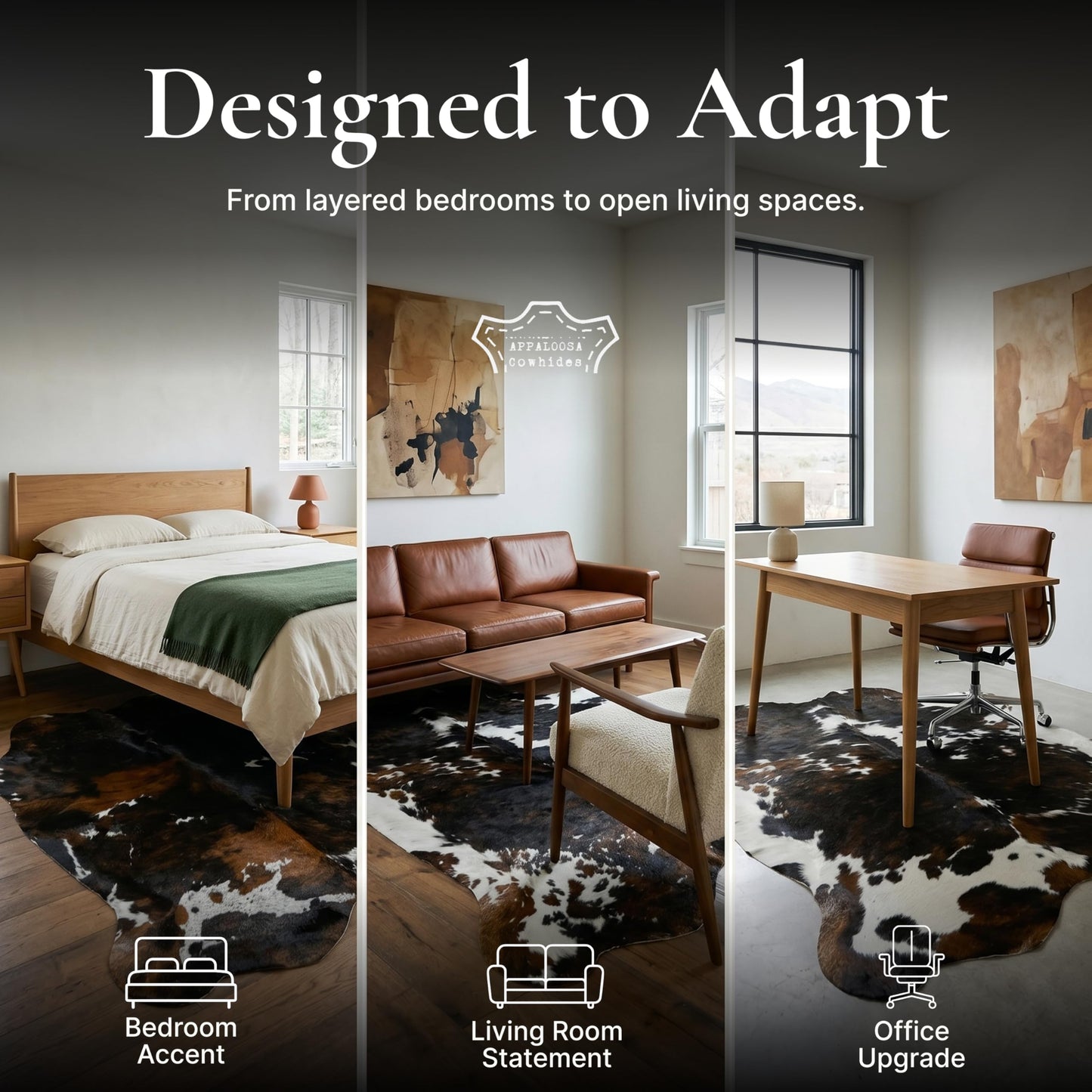 Appaloosa Cowhides Luxury Cowhide Rug 6x7-8ft - Genuine Natural Hide Rug, Silky Soft Tricolor Designer Area Rug for Living Room, Bedroom & High-End Modern Interiors (Dark Tricolor)