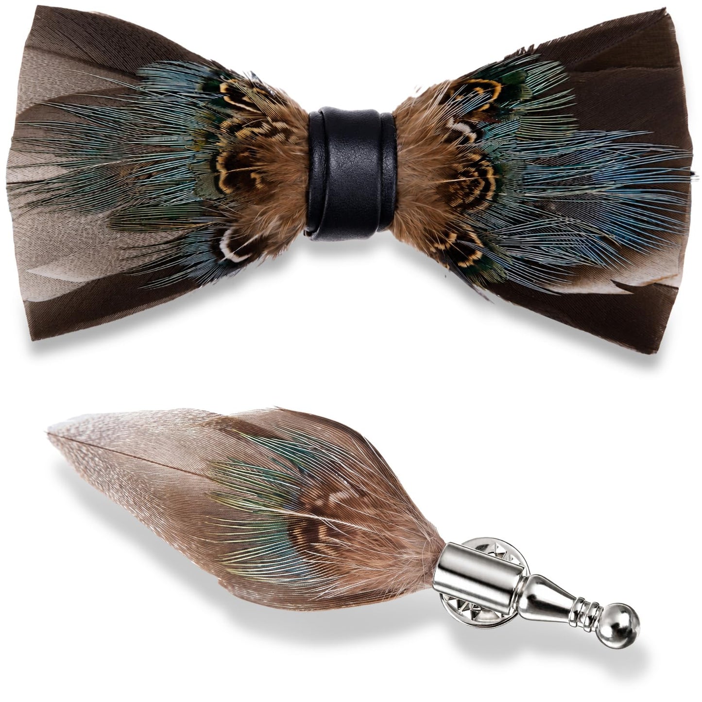 Suhine Pre Tied Feather Bow Tie for Men, Handmade Formal Bow Tie with Brooch, Wood Gift Box Set for Wedding Tuxedo Party (Brown Turquoise)