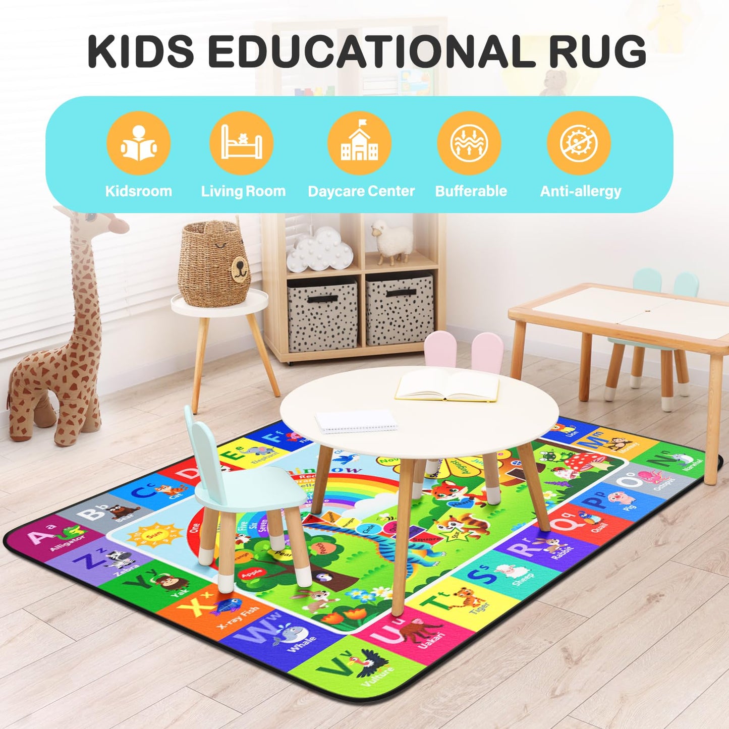 Diysani Kids Rug, Kids Carpet for Bedroom，Non-Slip Kids Playroom Rug, Washable Educational Rug for Learning Alphabet, Animals,3x5 feet