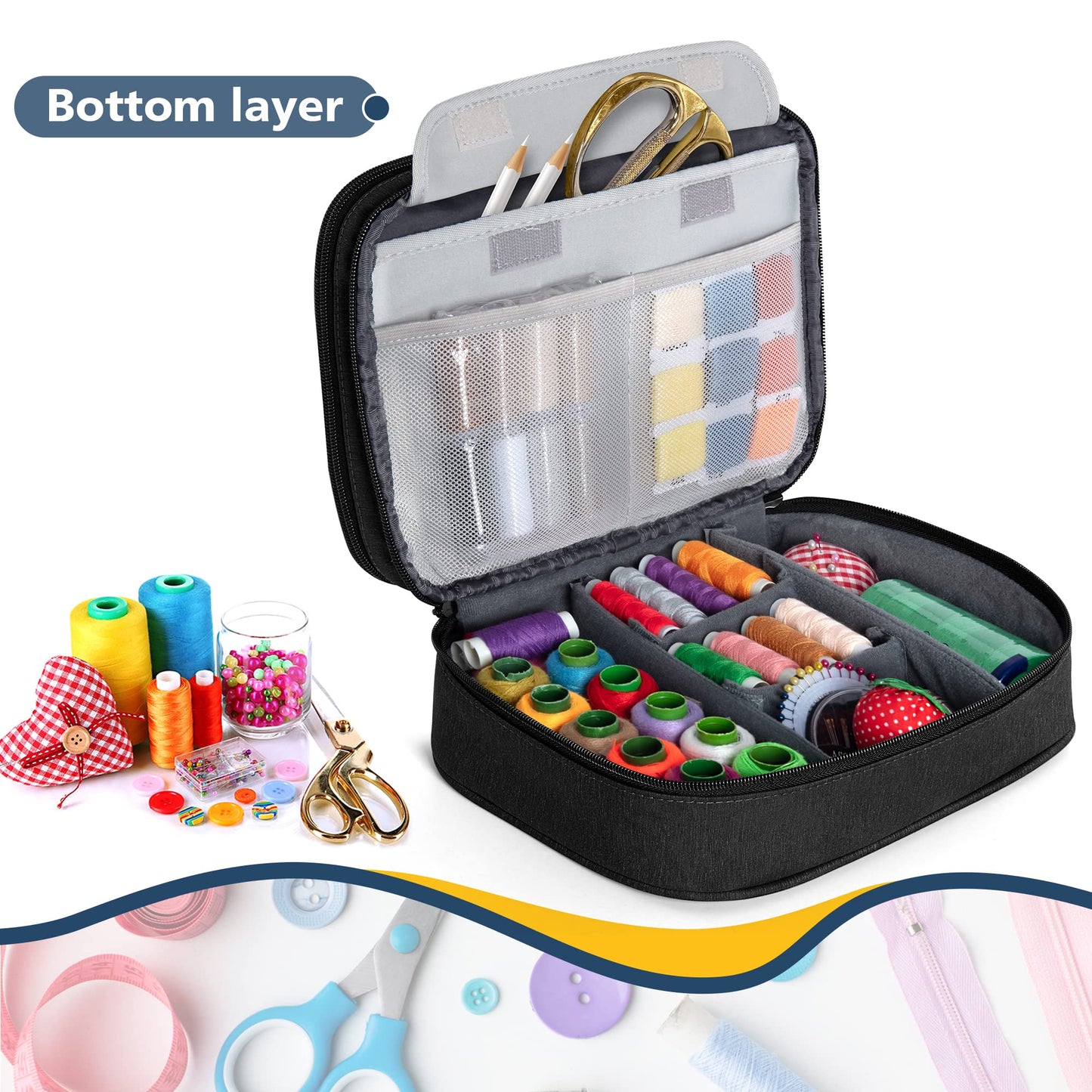 BUBM Double Layer Sewing Organizer with Detachable Dividers, Sewing Supplies Organizer for Sewing kits (BAG ONLY), Medium/Black