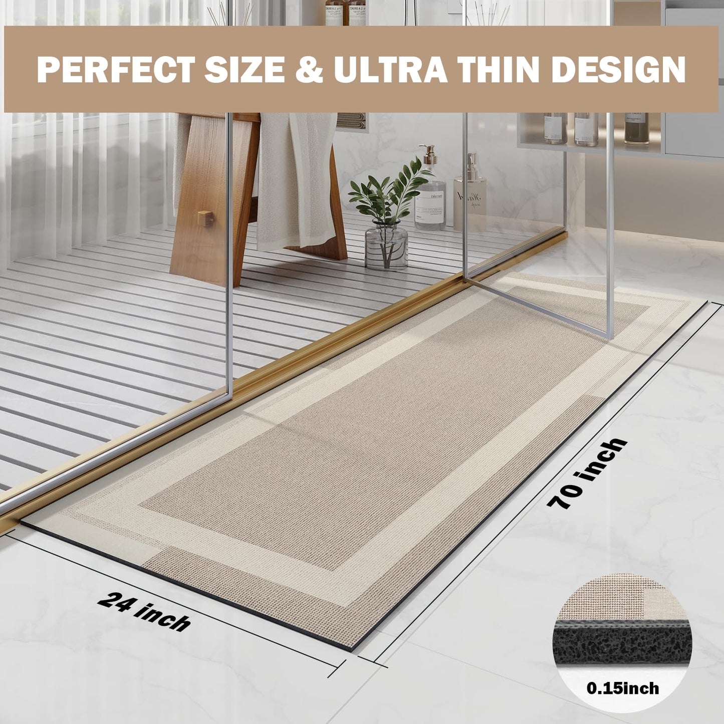 YDKGL Extra Long Non Slip Bathroom Runner Bath Mat, Rubber Backing Ultra Thin Bath Rug Fit Under Door Quick Dry Super Absorbent Washable Shower Mat for Bathroom Floor Bathtub Sink, Beige 24"x70"