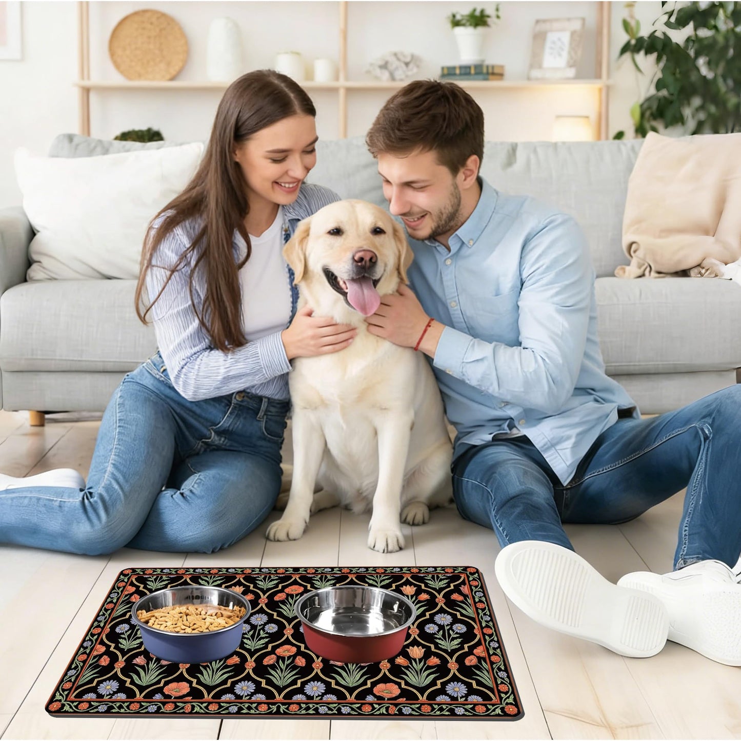 Pet Feeding Mat 24 x 16 Inch, Black Floral Pet Placemat Absorbent Quick-Dry for Food and Water, Waterproof Non Slip Rubber Bowl Pad Mat for Floors