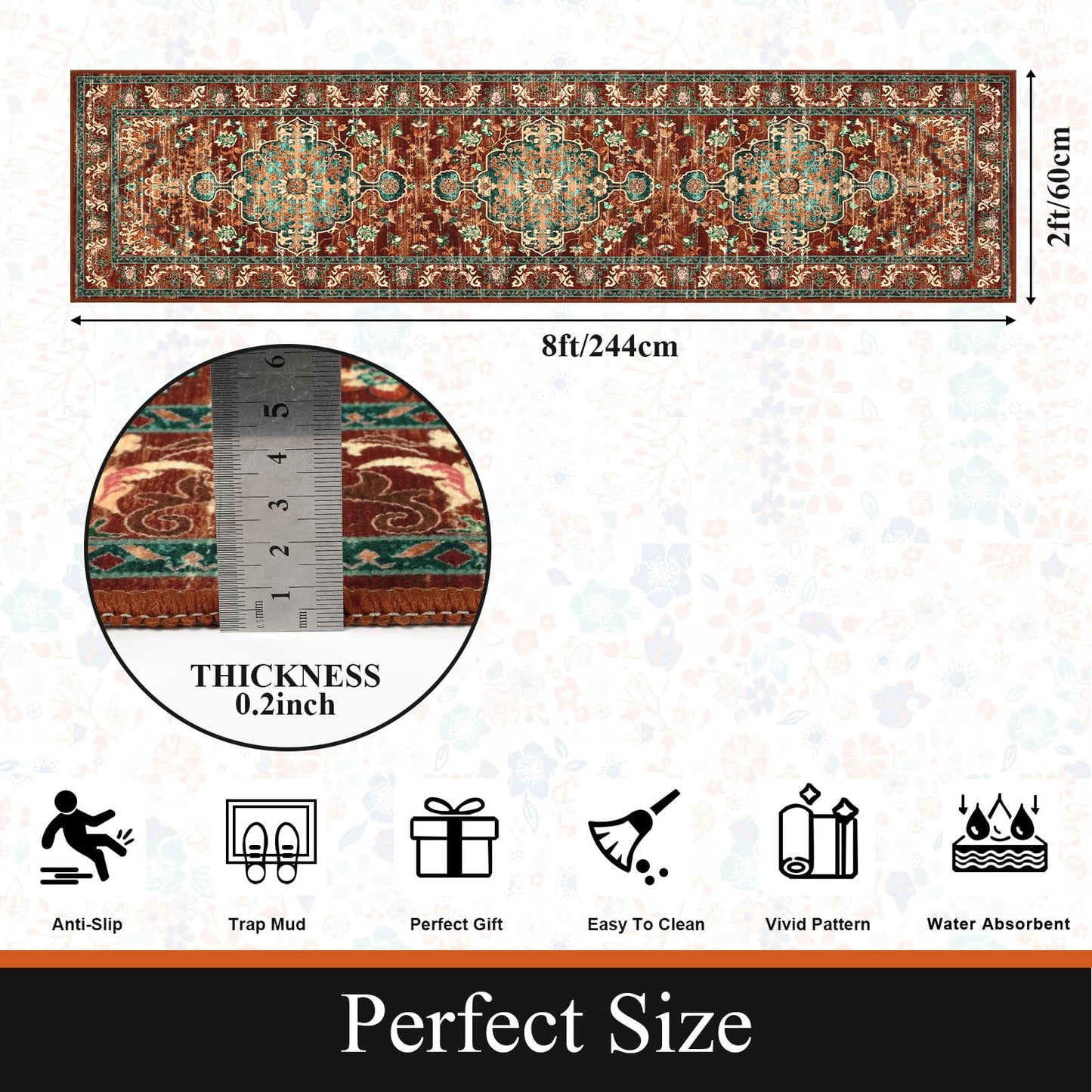 U'Artlines 2' x 8' Boho Hallway Runner Rug, Non Slip Washable Vintage Farmhouse Accent Area Rug Carpet for Kitchen Entryway Laundry and Living Room (Rust＆Teal)