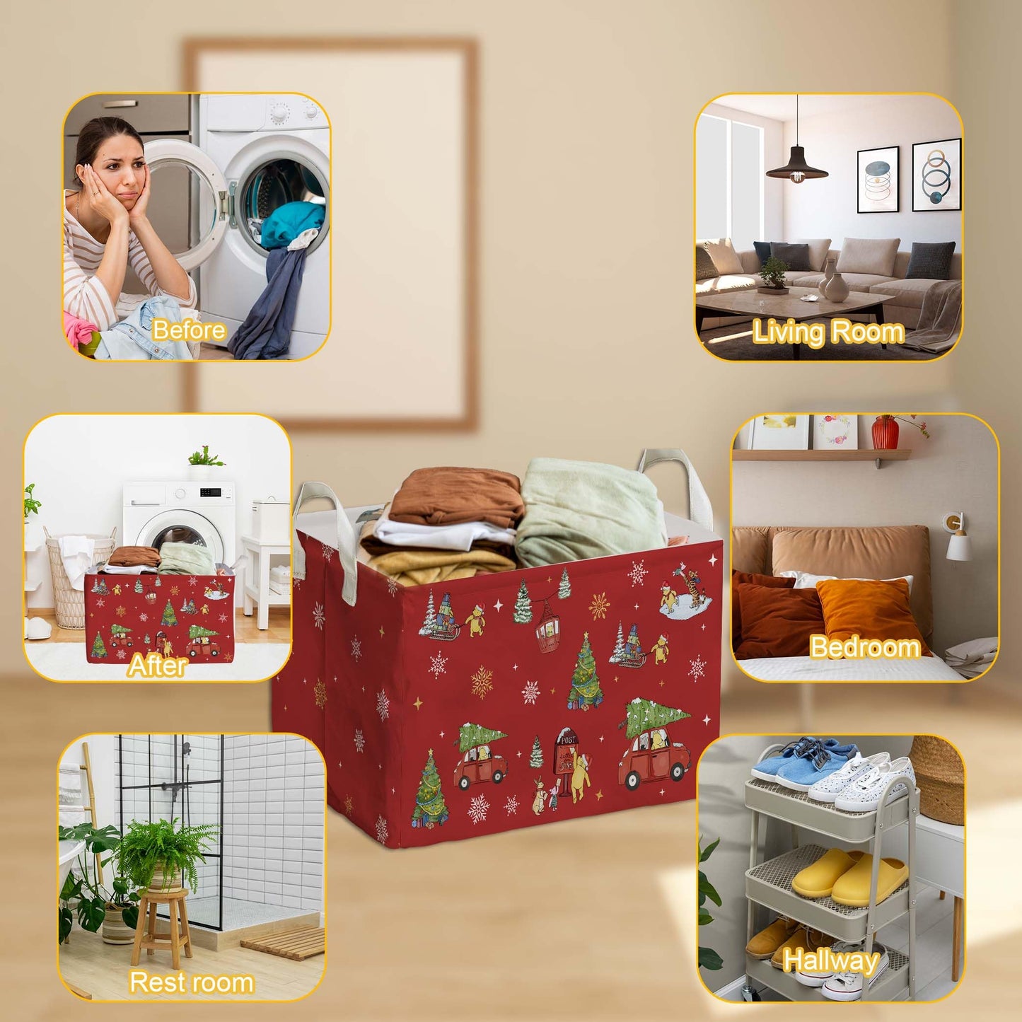 ZsaTuiy Winnie Theme Christmas Storage Basket,Hamper Winnie Baby Stuff Collapsible Storage Bin Laundry Hamper With A Waterproof PE Coating,Perfect Decoration for Baby Boy Girl Shower