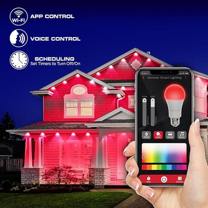 Monster Smart Permanent Outdoor Lights, 200ft, 144 LED Eaves Lights, RGB+IC+WW, Weather & Water Resistant, App & Voice Control, Compatible with Alexa & Google, Halloween, Christmas, Year-Round