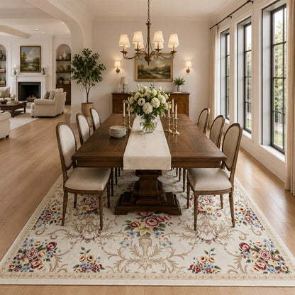 Helthep Washable Vintage Floral Area Rug 8x10, Ultra Soft Faux Wool Low Pile Rug, Non-Slip Backing,Soft Farmhouse Boho Cream Rug for Bedroom Dining Room Home Office, Pet & Kid Friendly