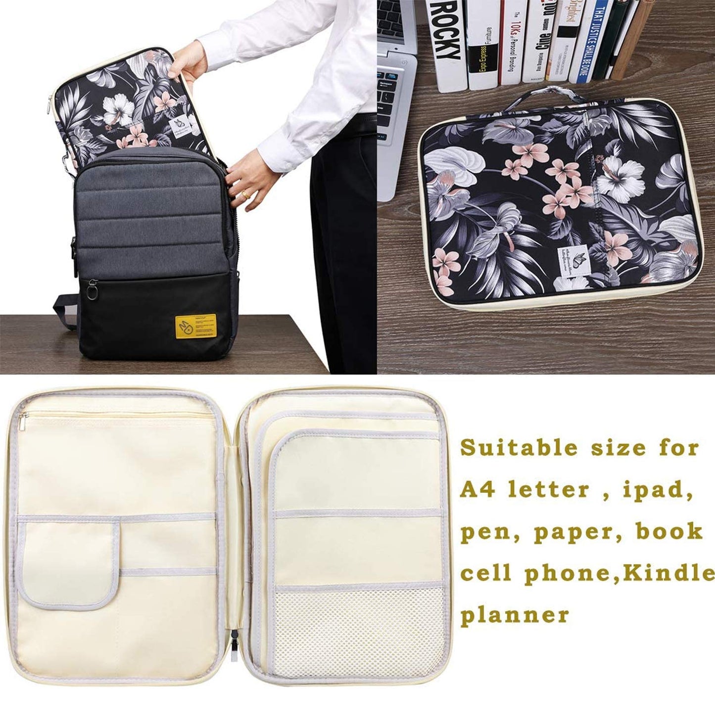 JAKAGO A4 Travel Portfolio Multifunctional Document Organizer Zippered Case for Office Supplies (Mulberry White)