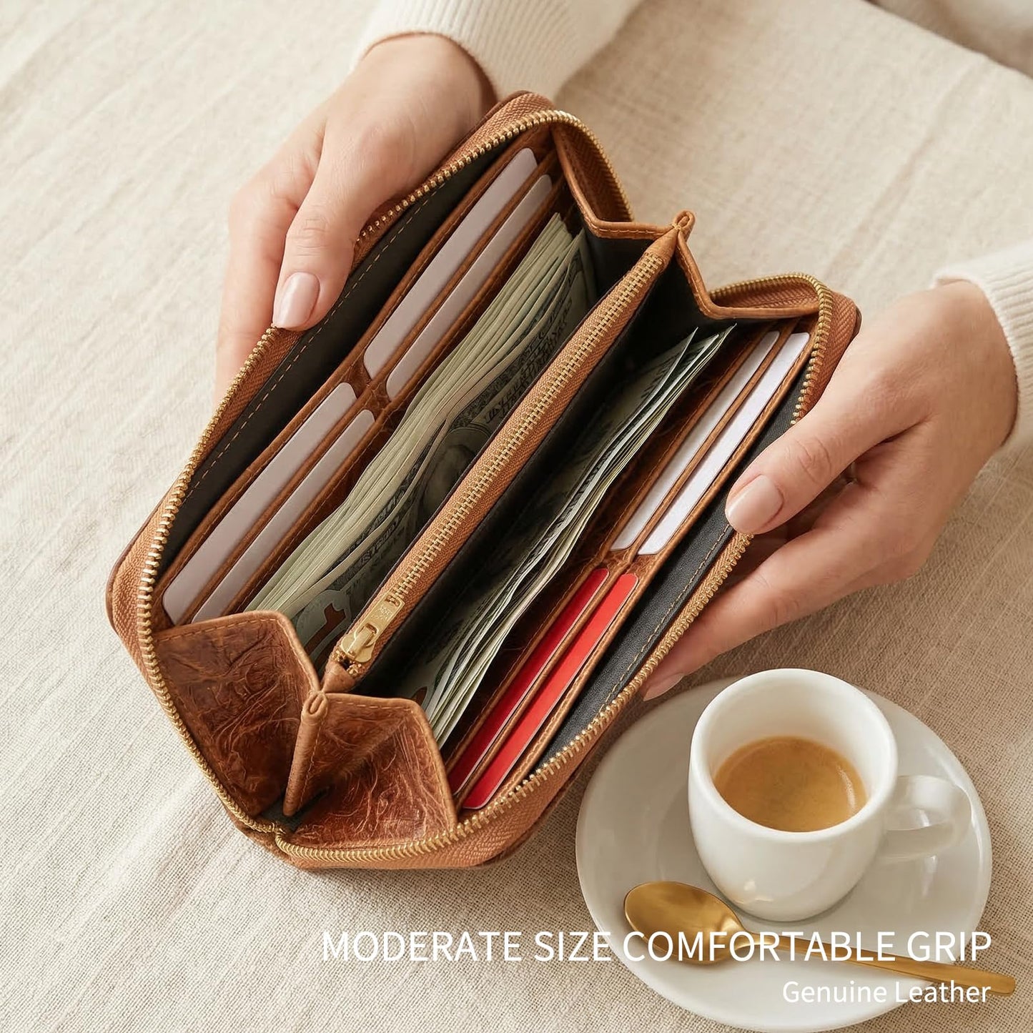 RMAWRAD genuine leather long bi-fold wallet/card holder, unisex, made of embossed buffalo leather, with card slots and a coin purse, brown.