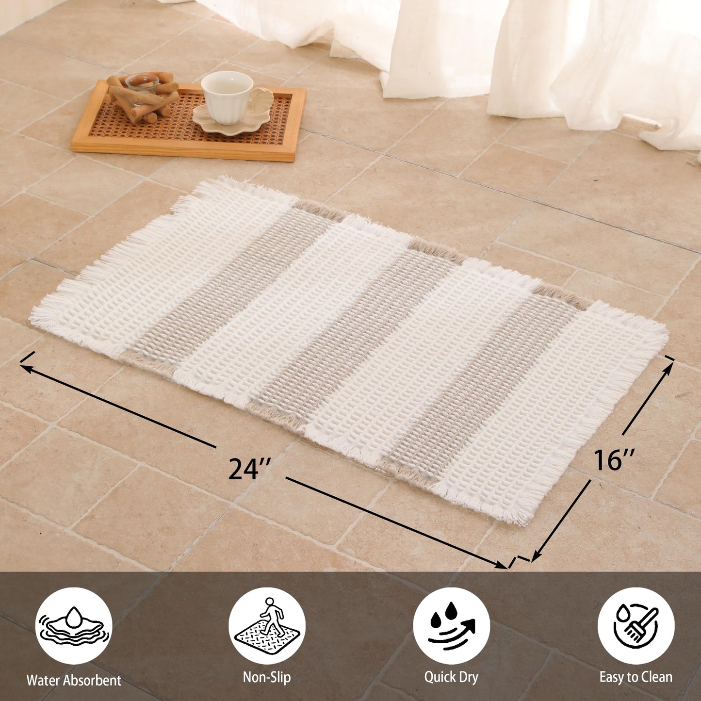 KaviKon Waffle Bath Mat Non Slip, Boho Bathroom Rug, Super Absorbent Quick Dry Bathroom Mat, Soft Farmhouse Bath Rug with Tassels, Small Washable Shower Mats for Floor 16"x24", White and Taupe