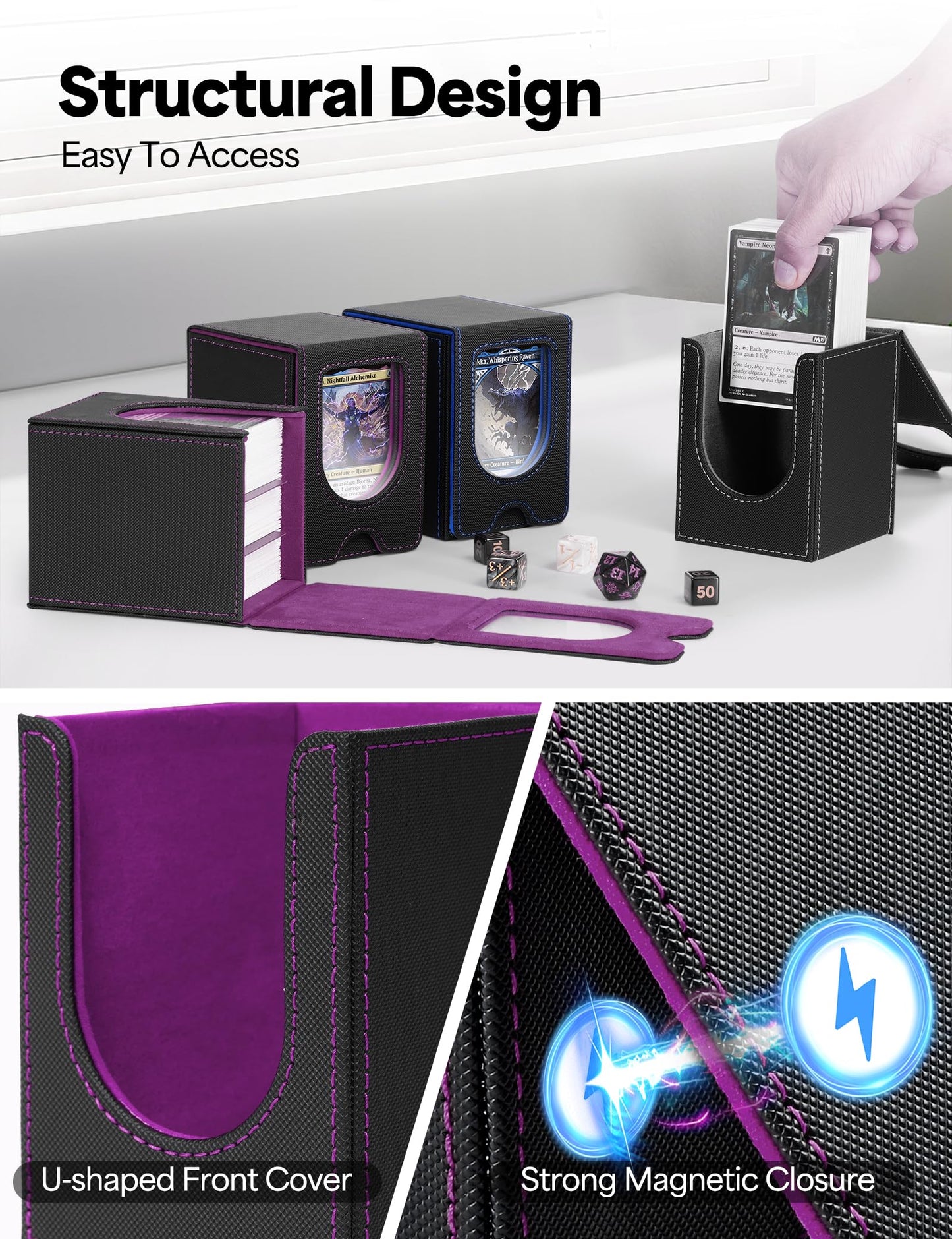banloga Card Deck Box for MTG Commander, Card Case Holds 100+ Double-Sleeved Cards, Magic Card Box Fits for TCG/PTCG/CCG Card with 2 Dividers (Black&Purple)