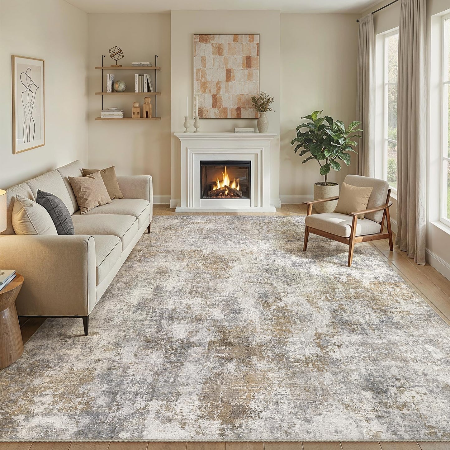 WITSHOCK Area Rugs 9x12 Living Room Rug - Washable Neutral Soft Low Pile Non-Slip Modern Abstract Thin Large Indoor Carpet for Bedroom Dining Room Nursery Office - Light Brown Grey