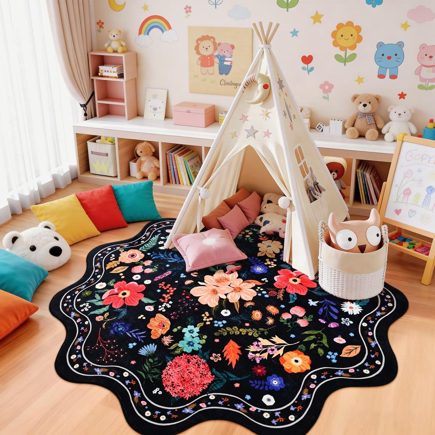 Macgace Black Round Rug for Girls Bedroom, 5ft Machine Washable Floral Area Rugs with Non Slip Backing, Cute Flower Carpet Kitchen Living Room Kids Playroom Decor
