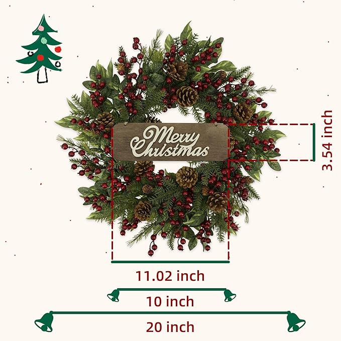YNYLCHMX 20 Inch Winter Wreath for Front Door, Winter Wreath with Welcome Sign Pine Needle Pine Cone Red Berry, Artificial Door Wreaths for Window Farmhouse Holiday Party Decoration