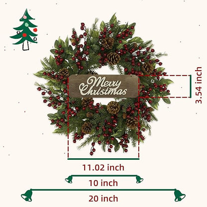 YNYLCHMX 20 Inch Winter Wreath for Front Door, Winter Wreath with Welcome Sign Pine Needle Pine Cone Red Berry, Artificial Door Wreaths for Window Farmhouse Holiday Party Decoration