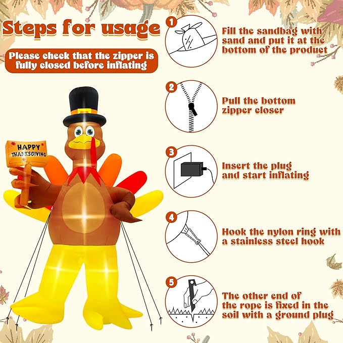 12FT Inflatable Turkey, LED Lighted Turkey Holding Happy Thanksgiving Sign for Fall Autumn Outdoor Yard Lawn Harvest Decor