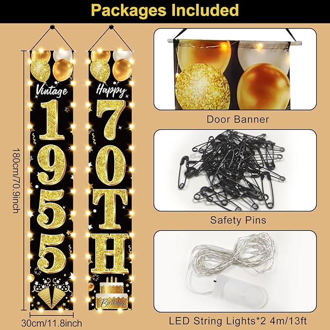 70th Birthday Decorations Lighted Banner for Men and Women - Black Gold Vintage 1955 70th Birthday Door Banners with LED Light, Seventy Years Bday Party Supplies for Indoor Outdoor Decor