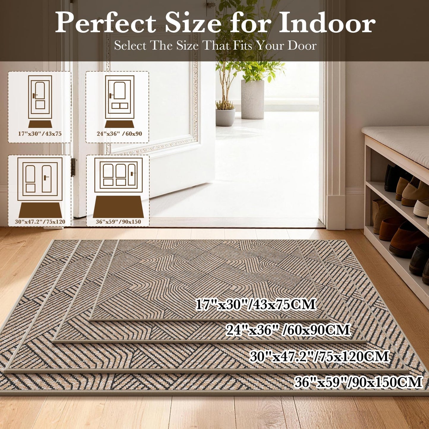Naoloture Indoor Door Mat 36"x59" Large, Low-Profile Welcome Front Door Mat Indoor Entrance, Non Slip Rubber Back Inside Doormat Washable Entryway Dirt Resistant & Absorbent 3x5 Entry Mat, Light-Brown