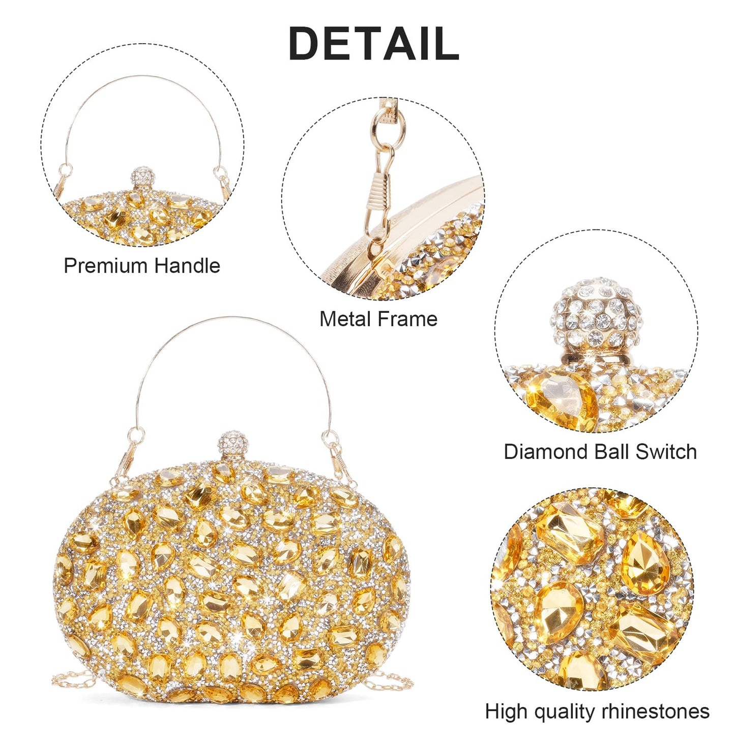 RNIEGA Rhinestone Clutch Purses for Women Large Capacity Evening Bag with Detachable Chain for Wedding, Prom, Parties