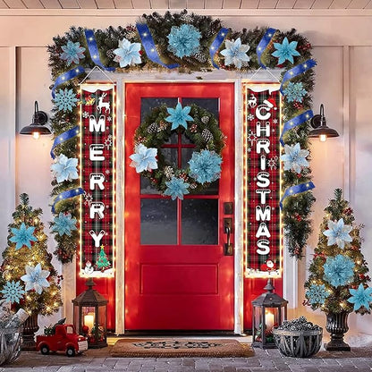 72Pcs Poinsettia Christmas Flowers Decorations with Christmas Ribbon, Blue Christmas Decorations,9 Styles Glitter Artificial Poinsettia Christmas Tree Ornaments for Wreath Garland Holiday Decor(Blue)