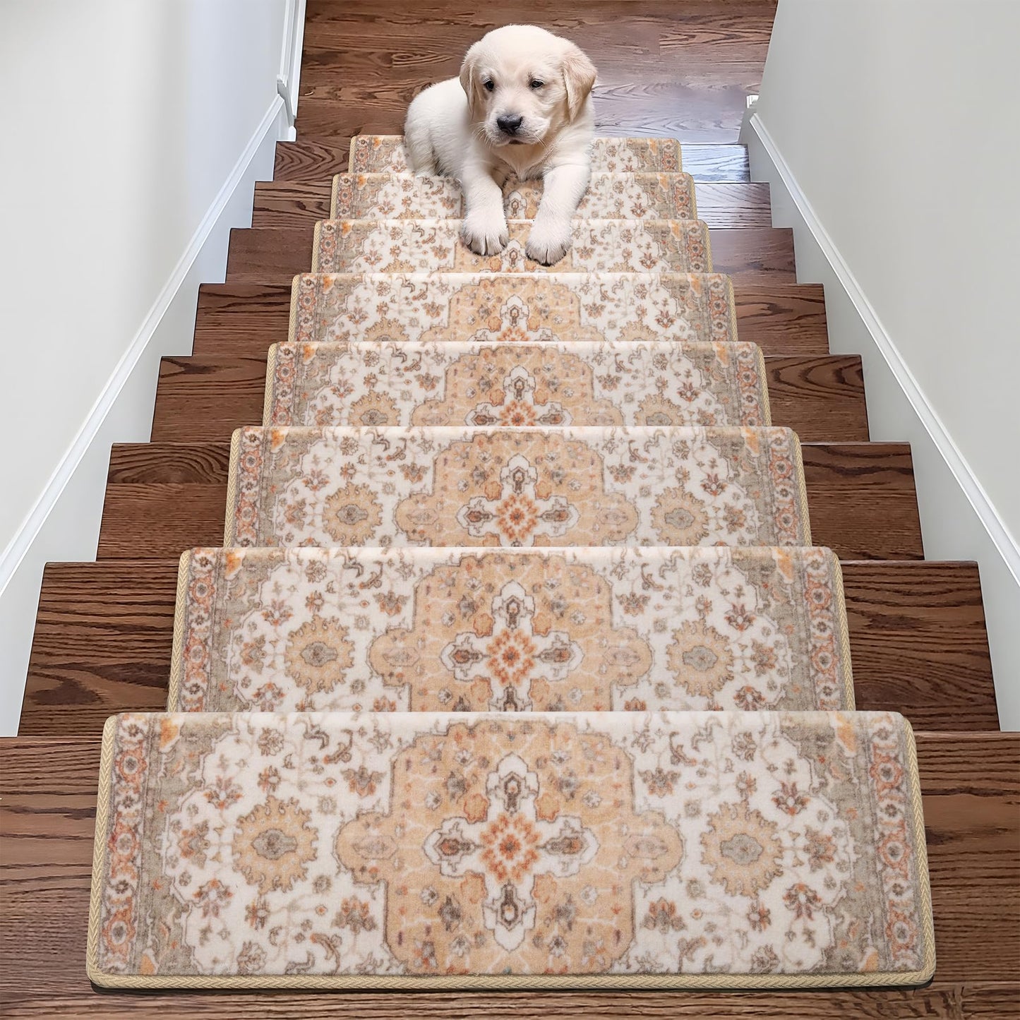 Brakki Bullnose Non-Slip Stair Treads for Wooden Steps, Carpet Stair Treads for Indoor Runner, Pet Friendly Soft Stair Rugs, Edging Stair Protectors Reusable, Washable, 30"x9.5"x1.5" 14pcs, Beige