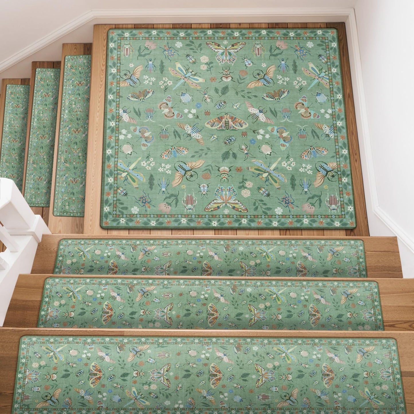 OJIA Stair Treads Non-Slip Matching Mat for Wooden Steps, Square Capet Stair Treads Rubber Backing Stair Runner Anti-Slip Stair Landing Mat 31x31 Inch Stair Rugs Carpet for Stairs， Green