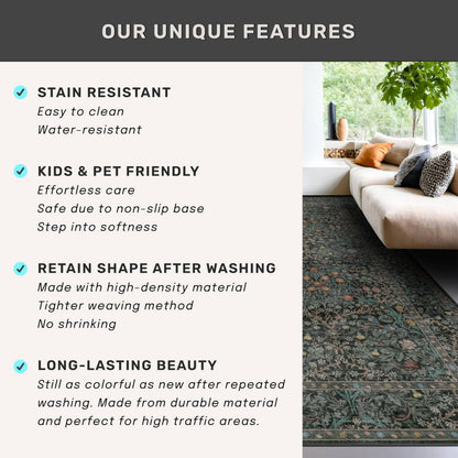 Dark Green 2x5 Runner Rug Non Slip Washable for Bathroom, Kitchen, Floral Boho Low Pile Entryway Rug, Door Mat Indoor Entrance, Small Carpet Runner for Laundry Room