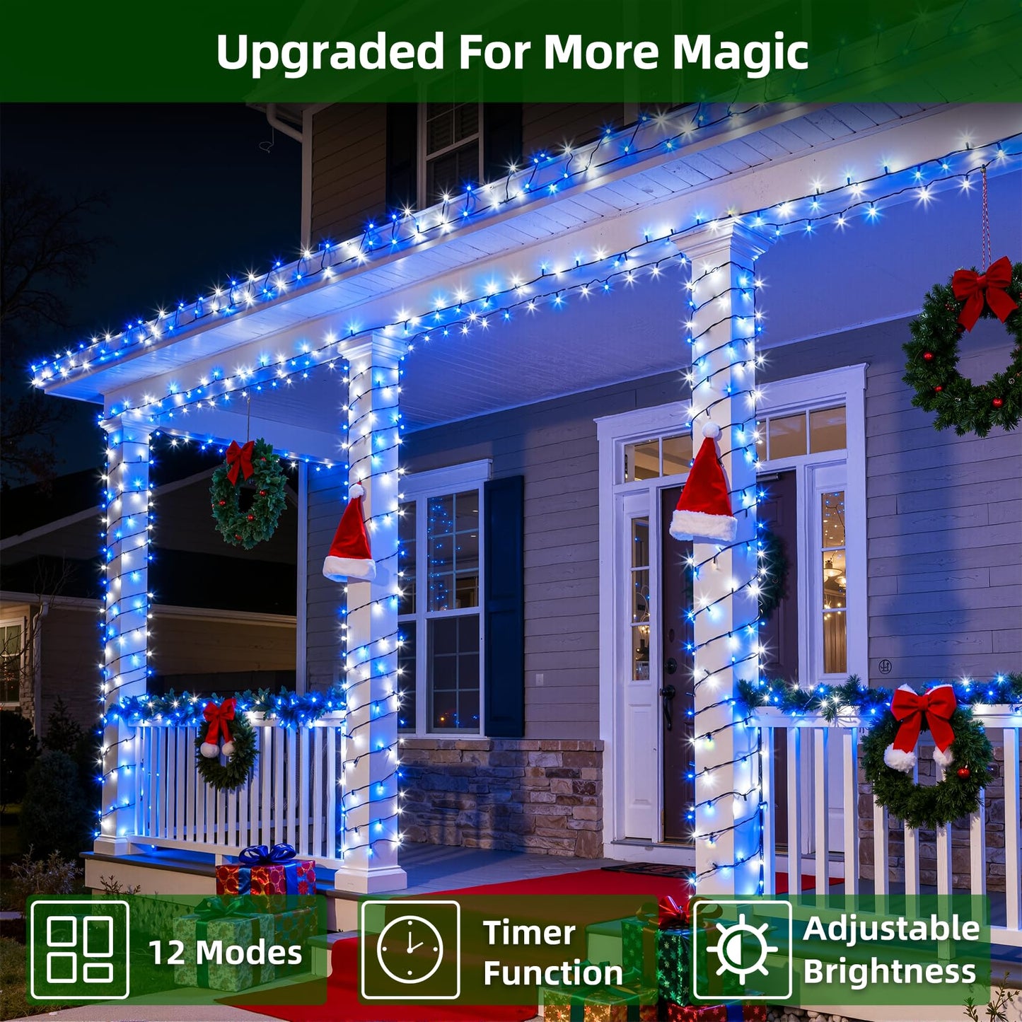 750 LED 240FT Christmas Lights Outdoor,12 Lighting Modes Christmas String Lights with Timer, Dimmable Blue Cool White LED StringLights Waterproof for Yard Wedding Party Holiday Decor Blue&CoolWhite